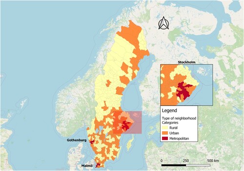 Figure 1. Swedish neighbourhood categories.Note: Based on definitions from the Swedish Agency for Economic and Regional Growth, 2014.Sources: Programme: QGIS; Basemap: OpenStreetMap.