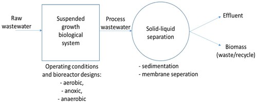 Figure 1. A schematic illustration of suspended growth biological systems for wastewater treatment.