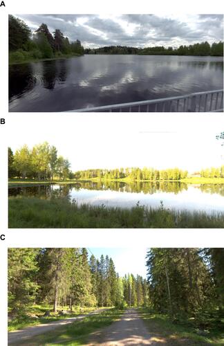 Figure 1 The mindfulness exercise on appointment 1 was held in a riverside environment (A), the conscious walking exercise on appointment 2 in a park next to a natural pond (B) and the favorite place exercise on appointment 6 in a recreational forest (C).
