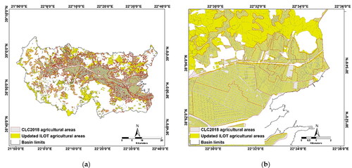 Figure 13. Upgraded ILOT-CLC2018 overlap: (a) Spatial extent divergence within the basin; (b) Enlarged detail near the basin outlet.