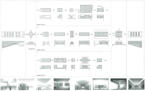 Fig. 7. Spatial diagram for three routes through the museum. Illustration of daylight openings in ground plan, section and perspectives for the Fondation d’Art Contemporain François Pinault, Paris (France). 2001. Architect: Tadao Ando. Image © a+u (Ando 2002).
