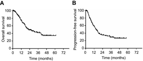 Figure 1 Survival curves of 250 patients of cervical and upper esophageal carcinoma treated with IMRT. (A) The overall survival of patients; (B) the progression-free survival of patients.