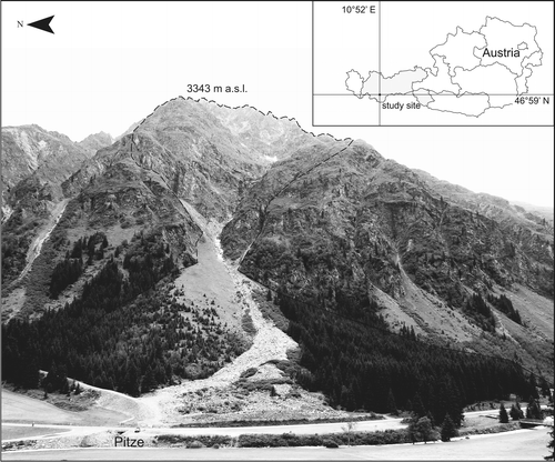 FIGURE 1 The study area is located in the Pitztal Valley in western Austria, near the village of Plangeross, Sankt Leonhard im Pitztal. The catchment area of the Reiselehnrinne torrent extends from 3343 to 1620 m a.s.l.