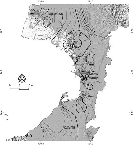 Figure 4. Spatially interpolated distribution of soil thickness across the study area calculated from the predominant period and local average shear-wave velocity.