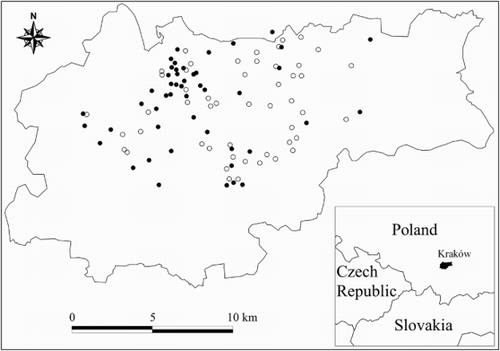 Figure 1. Breeding territories of the Syrian Woodpecker (black dots) in the city of Kraków in 2002–2012 and random points (white dots).