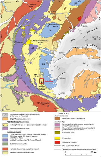 Figure 1. Structural sketch map of the Western Alps (modified from CitationBigi et al., 1990; and CitationPiana et al., 2017). The red inset shows the investigated area represented in the Main Map.