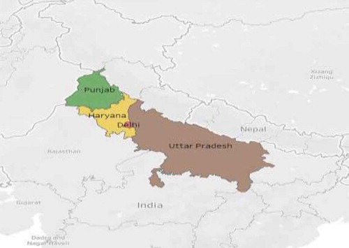 Figure 1. The map depicting NW Indian states, New Delhi, Punjab, Haryana and UP