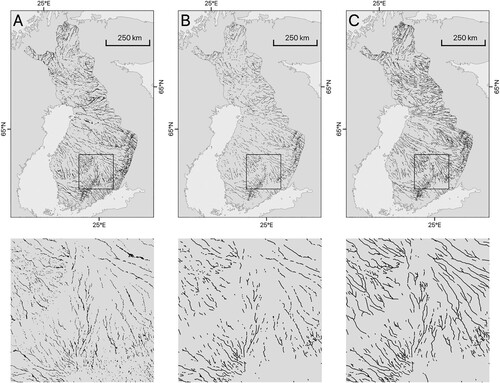 Figure 7. Comparison of mapped meltwater features in Finland (A, CitationPutkinen et al., 2017) to mapping presented in this study (B, esker ridges; C all meltwater routes). Boxes in A, B and C denote identical areas shown beneath each panel. Note that large-scale drainage geometries and changes in feature density are mostly equivalent. Also note that detailed mapping in A captures size differences of meltwater features while our data does not.