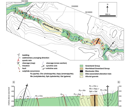Figure 2. Map and cross-section of lower Blackwater Creek illustrating the structural features and mineralisation of the valley.