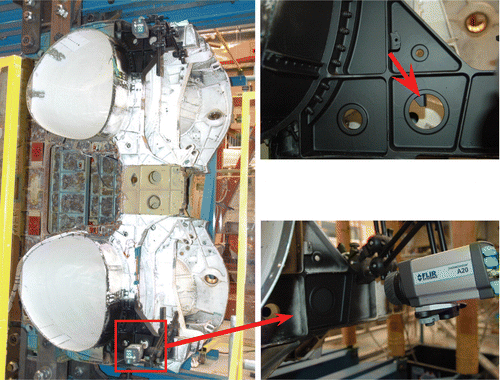 Figure 13 TSA of the aft bulkhead in an F/A-18 centre-barrel. Top-right photograph shows a close-up of the hydraulic hole under inspection (arrowed). Bottom-right photograph shows a close-up of the A20 M fixed to the bulkhead by means of a small articulated arm.