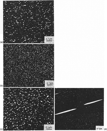 Figure 33. Carbide dispersions after isothermal transformation at 725°C for 15 min. Dark-field electron micrographs (a) Alloy 1 (Fe–V–C); (b) Alloy 2 (Fe–V–Ti–C); (c) Alloy 3 (Fe–Ti–C). (d) Alloy 1 aged at 725°C for 50 h [Citation136].