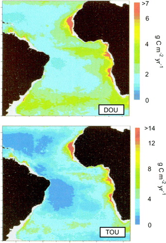 Figure 19.  Calculated maps of the DOU and TOU for the sediments of the Atlantic Ocean (redrawn from Wenzhöfer & Glud Citation2002).