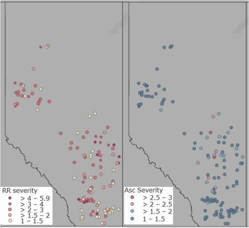Fig. 1 Survey locations for Alberta’s 2020 pea disease survey. RR = root rot (left panel) and Asc = Ascochyta (right panel).
