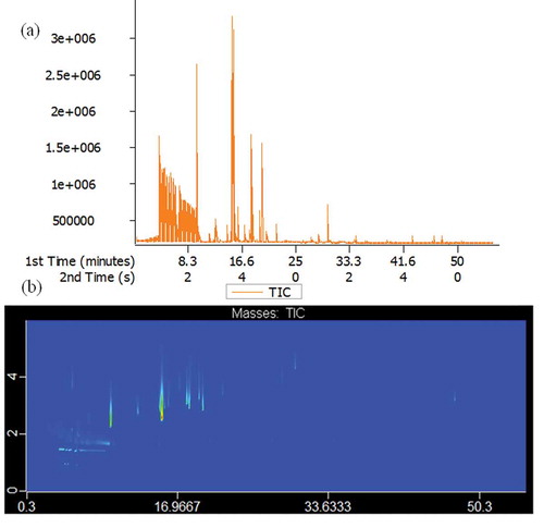Figure 9. Total ion flow chromatography 1D (a) and 2D (b) of intestines extracted by HS-SPME and analyzed by GC×GC-TOFMS.