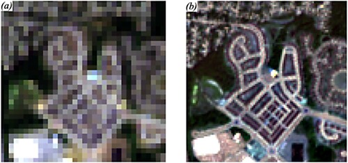 Figure 1. True-color imagery (spectral bands red, green and blue) of different resolutions for the same area in July 2018: (a) Landsat 8 imagery (at 30-m spatial resolution). (b) Sentinel-2 imagery (10 m).