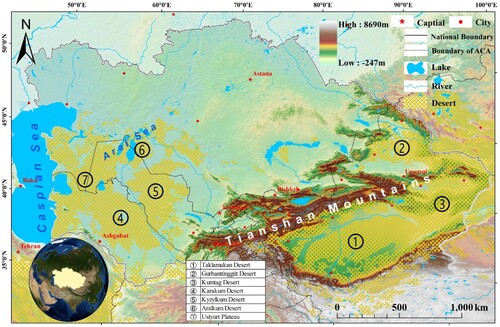 Figure 1. Geographical location of the study area and spatial distribution of the main deserts in ACA.