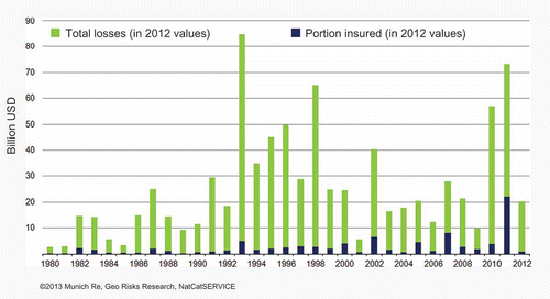 Fig. 4 Total and insured losses from flood disasters 1980–2012 (in 2012 values). Source: Munich Re NatCatSERVICE, June 2013.