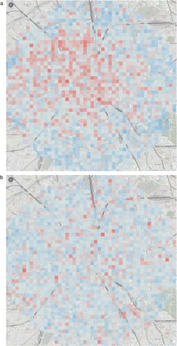 Figure 7. Strength of CLIP activations for sampled Google Street View images for “a photo of Paris” and “a photo of Los Angeles”; red is a stronger association, blue is weaker.