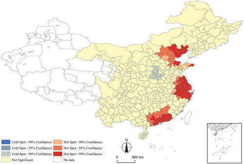 Figure 1 Hot spot analysis of LFDI distribution in China (2002).