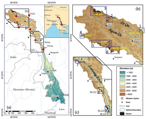 FIGURE 1. (a) Map showing the location of the Lancang River Basin (LRB) overlaid on the Shuttle Radar Topography Mission (SRTM) digital elevation model (DEM) and glacier distribution in its upper part. Glacier in the (b) upper and (c) lower region (black box) are zoomed in and blue boxes with numbers and drainage codes indicate the investigated subregions listed in Table 3 and Figure 2.