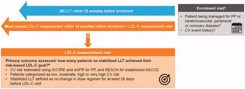 Figure 1. DA VINCI study schema. aPatients were enrolled at a single visit between June 2017 and November 2018. bPatients who were not stabilised on any LLT or had their LDL-C measurement taken before any LLT was initiated were not included in the assessment of the primary outcome. ASCVD: atherosclerotic cardiovascular disease; CV: cardiovascular; eGFR: estimated glomerular filtration rate; LDL-C: low-density lipoprotein cholesterol; LLT: lipid lowering therapy; PP: primary prevention; REACH: REduction of Atherothrombosis for Continued Health; SCORE: Systematic COronary Risk Evaluation.