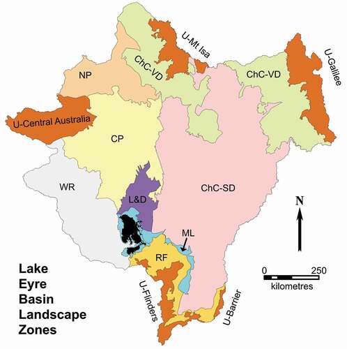 Figure 1. Landscape zones of the Lake Eyre Basin. U-, Uplands (with locality name); ChC-SD, Channel Country – Stony Domes; ChC-VD, Channel Country – Vertic Downs; ML, Mega-Lakes; RF, Rocky Fringe; WR, Western Rivers; NP, Northern Plains; CP – Central Plains; L&D – Lakes & Dunes.