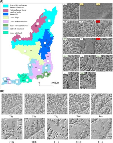 Figure 6. Landform division via merging the neighboring watersheds. In (I), to fully present the surface morphology of the divided regions, fourteen rectangular analysis windows from regions of T11 to T14 were randomly derived to detail show the intermediate classification results. Besides, In (II), six rectangular analysis windows are derived from the regions T4 and other windows are derived from T11, which presents the surface morphology of the terrains in the same region.