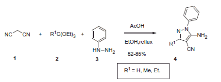 Scheme 1. Multicomponent synthesis of aminocyanopyrazoles 4.