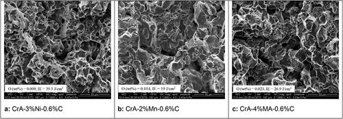 Figure 9. Impact fracture surfaces of different steels, sinter hardened (broken at RT).