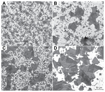 Figure 1 Field emission scanning electron microscopy micrographs of graphene oxide prepared in (A) KS-80, (B) KS-40, and (C) KS-20 after 3 days of oxidation and (D) nonsonicated KS-20. All the micrographs were taken at the same magnification.