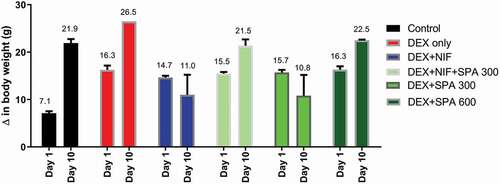 Figure 1. Effect of Struchium sparganophora leaf methanol extract on changes in body weights of dexamethasone-induced hypertensive rats