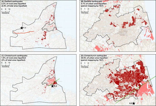Figure 13. Comparison of the distribution of liquefaction for the Darfield and Christchurch earthquakes in the rural and residential areas (mapped separately), as a proxy for comparing liquefaction severity between the two events. A, The Darfield earthquake affected c. 2.5% of the total area assessed. B, Because of its more distant source, only the most susceptible materials in the city (5% of mapped urban area) were affected. C, The Christchurch earthquake affected c. 3% of the same total area as in A. D, The proximity of the epicentre directly beneath the liquefaction-prone soils of the city and the consequently higher local PGA values resulted in more severe liquefaction, affecting both highly and moderately susceptible soils (c. 30% of mapped urban area). Epicentres are shown by black star and sub-surface fault (at 1 km depth) by green dashed line.