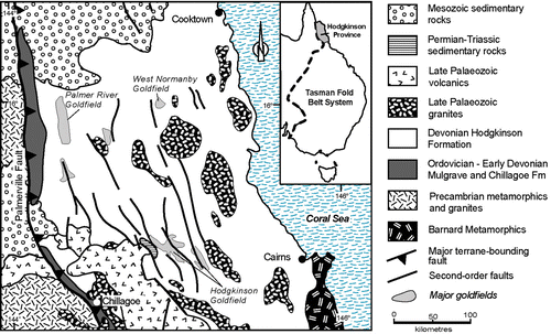Figure 1 General geology of the Hodgkinson Province. The Palmerville Fault forms the bounding structure at the western margin of the province that accommodated major basin extension and inversion during the Palaeozoic (Vos et al. in press).