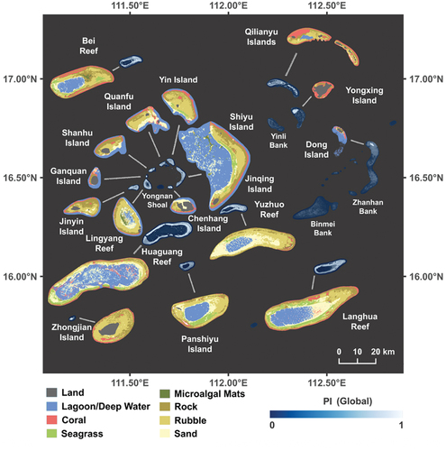 Figure 8. Benthic habitat map of the Xisha Islands (PI stands for probabilistic inundation value and the color scheme refers to the Allen coral Atlas).