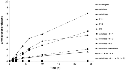 Fig. 4. Time-course hydrolysis of cellulose by different cellulose degrading enzymes.