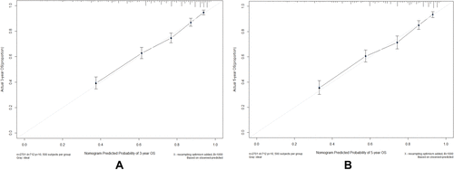 Figure 4 Calibration curves for the nomogram predictions of the 3- and 5- year overall survival. (A) Calibration curves for the nomogram predictions of the 3-year overall survival; (B) calibration curves for the nomogram predictions of the 5-year overall survival.