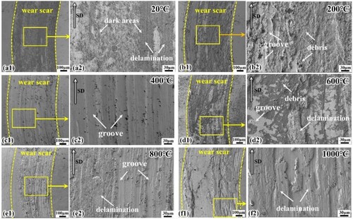 Figure 10. Wear morphologies of SLM EHEAs at different temperatures: (a1)(a2) 20 °C; (b1) (b2) 200 °C; (c1) (c2) 400 °C; (d1) (d2) 600 °C; (e1) (e2) 800 °C; (f1) (f2) 1000 °C