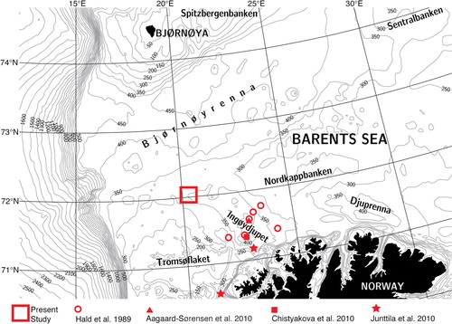 Fig. 1  Regional bathymetry of the south-western Barents Sea, showing the main troughs and banks (Andreassen et al. Citation2008). Also indicated are the approximate locations of the cores used in the present and previous studies. Bathymetry from the Norwegian Hydrographic Service (www.mareano.no).