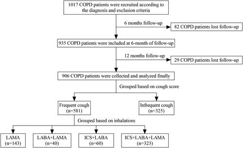 Figure 1. Flow chart of the study.A total of 1017 patients with COPD were enrolled at the baseline visit. Eighty-two patients were lost to follow-up during the 6 months interval. Twenty-nine patients were lost to follow-up at the 12th month visit. Finally, we recruited 906 patients with COPD for our analysis, including 581 patients with frequent cough and 325 patients with infrequent cough.Abbreviations: COPD: chronic obstructive pulmonary disease; LAMA: long-acting antimuscarinic; LABA: long-acting beta2-agonist; ICS: inhaled corticosteroids.