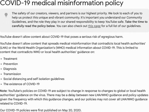 FIGURE 4. YouTube's Covid-19 misinformation policies, available at: https://support.google.com/youtube/answer/9891785?hl=en