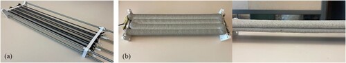 Figure 5. Making and testing of the manual tensioning platform: (a) manual tensioning fixture and (b) printed concrete filaments.