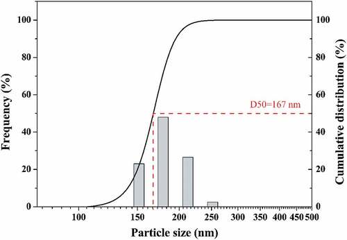 Figure 2. Cumulative particle size distribution of the YTZP slurry added with 0.2 wt% CE64.