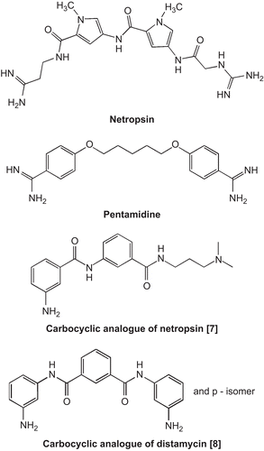 Figure 1.  Structures of netropsin, pentamidine, and some carbocyclic minor groove binders.