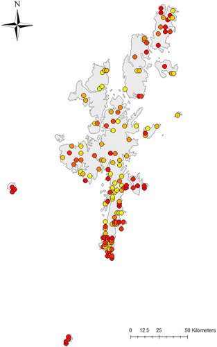 Figure 1. Locations of the 145 Shetland Breeding Bird Survey 1-km2 squares monitored between 2002 and 2019. 1-km2 are coloured along a gradient based on the number of years they have been surveyed, from yellow (one year) to dark red (all 18 years).