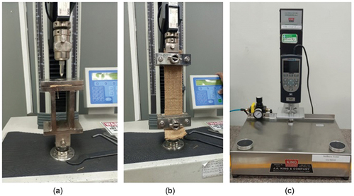 Figure 4. (a) Needle penetration test and (b) tensile testing of developed woven samples. (c) Stiffness test using circular bend procedure.