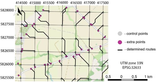 Figure 6. The determined routes from the points on paved roads to control points.