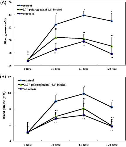 Figure 4. Blood glucose levels after administration of 2,7″-phloroglucinol-6,6′-bieckol in streptozotocin-induced diabetic mice (A) and normal mice (B). 2,7″-Phloroglucinol-6,6′-bieckol (10 mg/kg), acarbose (10 mg/kg), and control (distilled water) were orally co-administered starch (2 g/kg). Each value is expressed as the mean ± S.D. of seven mice (n = 42). Values with different symbols (*, **) are significantly different at p < 0.05 in Duncan’s multiple range tests.