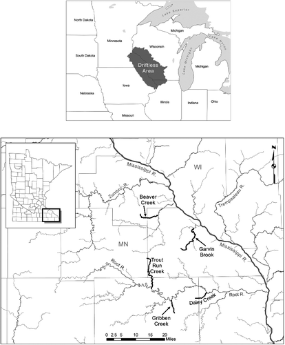 Figure 1. Map of the driftless ecoregion of southeastern Minnesota and five streams sampled for brown trout and macroinvertebrates, 2011–2013.
