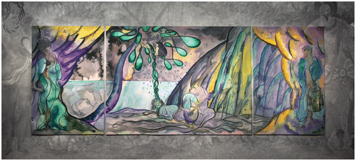 Figure 1 The Caged Bird’s Song, 2014–2017, wool, cotton and viscose Triptych, left and right panels each 280 × 184 cm; center panel 280 × 372 cm Installation view, Chris Ofili: Weaving Magic, National Gallery, April 26 – August 28 2017 © Chris Ofili. Courtesy the artist and Victoria Miro, London/Venice, The Clothworkers’ Company and Dovecot Tapestry Studio, Edinburgh. Photography: Gautier Deblonde.