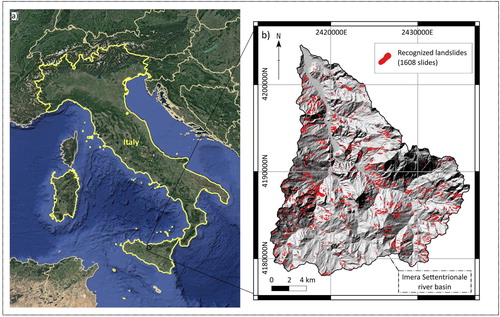 Figure 1. (a) Location of the Imera Settentrionale river basin; (b) Recognized active rotational/translational slides inventory map.